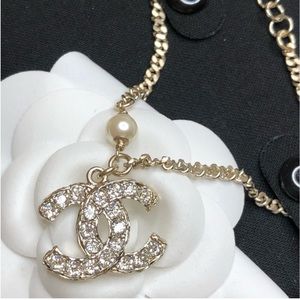 CHANEL Gold, Faux Pearly White, and Crystal CC Charm Adjustable Bracelet (NWT)